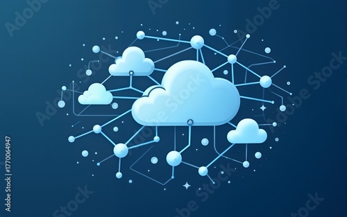 Cloud computing icon with interconnected nodes, representing technology and innovation. design features stylized cloud with smaller clouds, symbolizing data flow and connectivity. High quality