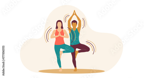 Two people practice yoga together, balancing in the tree pose, promoting wellness and mindfulness in a serene setting with a neutral background.