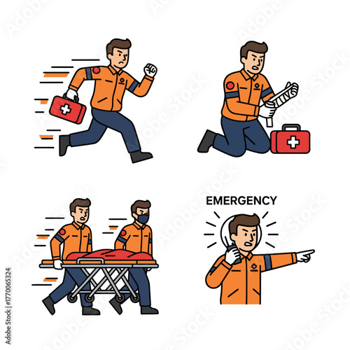 Modern Line Art Emergency Responders Icon Set for Medical Services, First Aid, and Crisis Management with Dynamic Healthcare Professionals