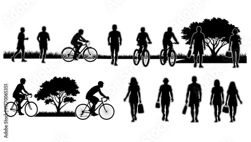 Park joggers cyclists walkers silhouette pictogram on white background