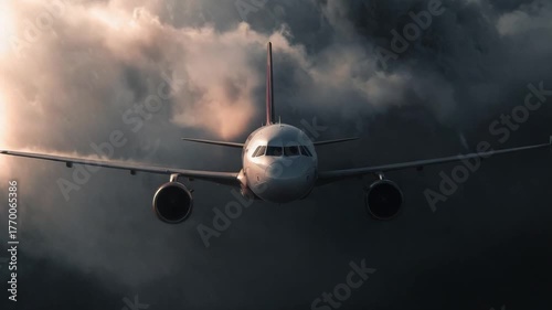 Soaring Through the Tempest: A commercial airliner boldly navigates a tempestuous sky, its form a symbol of human ingenuity against the raw power of nature.