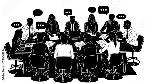 Coworkers team discussion office silhouette pictogram on white background