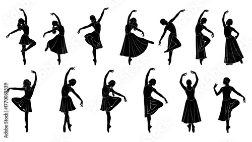 Dancers in motion silhouette pictogram on white background