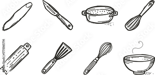 A collection of hand-drawn kitchen tools, including a peeler, knife, pot, whisk, grater, spatula, and bowl, perfect for culinary projects.