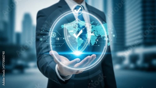 Businessman holding digital shield with world map and check mark in hand on city background