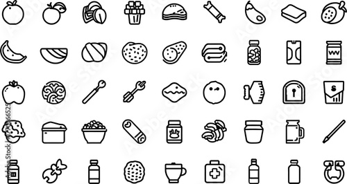 A collection of various food icons, including fruits, vegetables, sweets, and other culinary elements, presented in a clean, minimalist style.