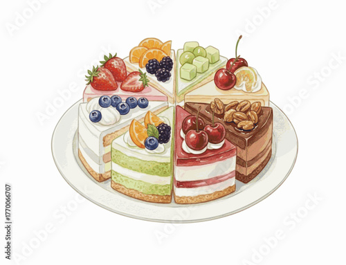 Mixed Flavor Slices Cake Ruam Rot Assorted Flavor Cakes isolated watercolor vector illustration svg