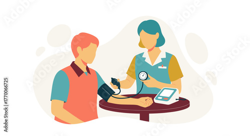 A medical professional measures a patient's blood pressure using a digital device, focusing on health and wellness in a clinical setting.