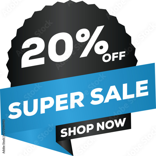 Super Sale Up to 20% Off – Editable Web Banner Vector Illustration – Black, Blue & White Abstract Design