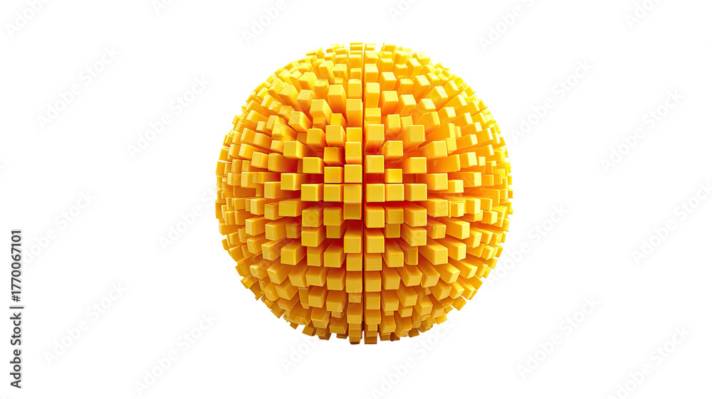 Fototapeta premium Sphere of small yellow cubes against a stark black backdrop