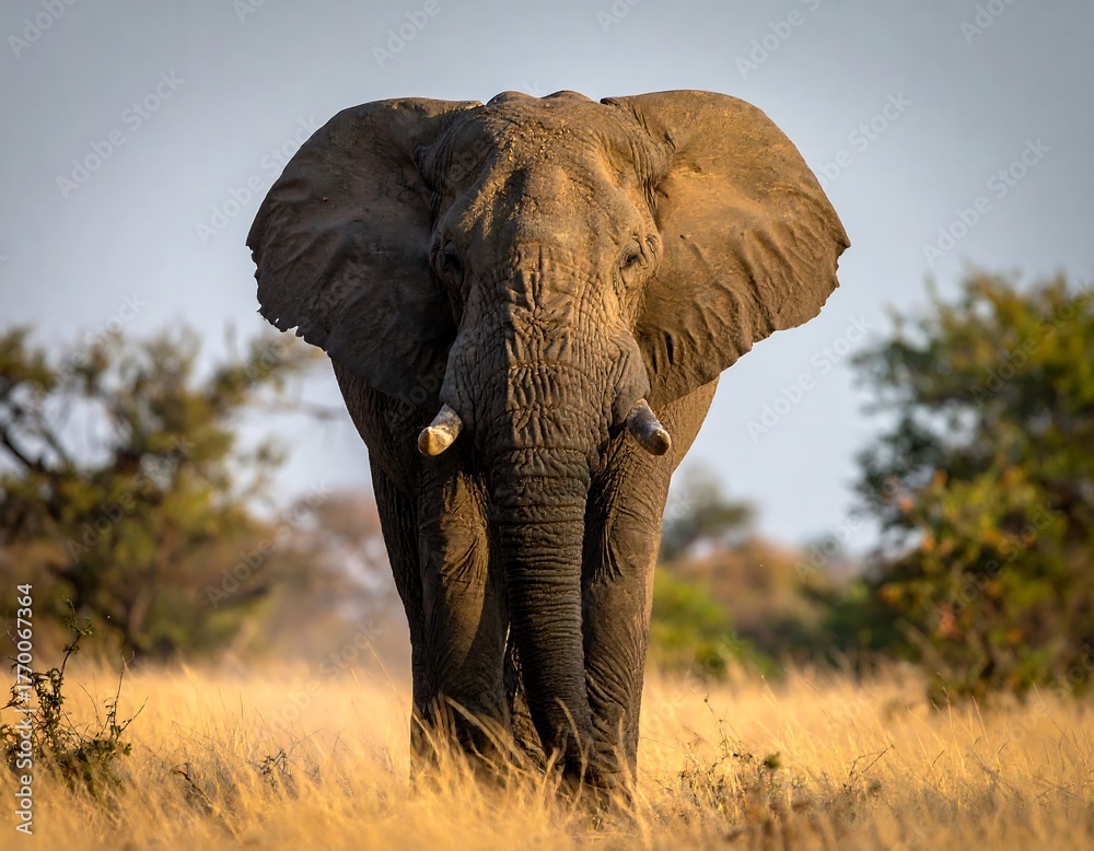 Obraz premium Majestic African elephant walks toward the camera in a grassy field