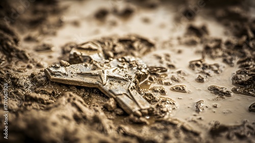 insignia. Crushed military insignia lies in mud amid scattered footprints, earthy tones. ESG reports, sustainability campaigns, designed for environmental awareness campaigns.