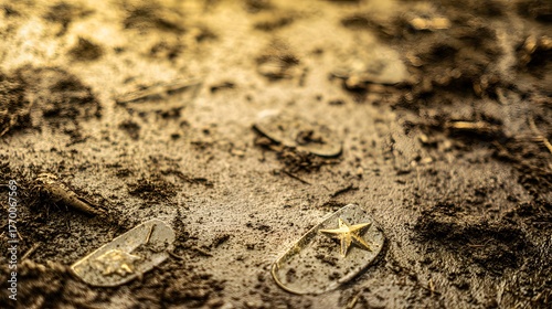 insignia. Crushed military insignia lies in mud amid scattered footprints, earthy tones. ESG reports, sustainability campaigns, designed for environmental awareness campaigns.