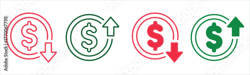Dynamic Dollar Up and Down Icon Set Vector Illustration. Featuring Price Up and Down Arrow Signs in Flat Style with Editable Stroke. Essential for Financial Change, Economic Analysis, Inflation.