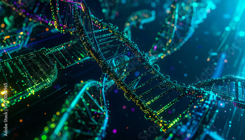 Colorful AI algorithm visualized as evolving digital DNA helix
