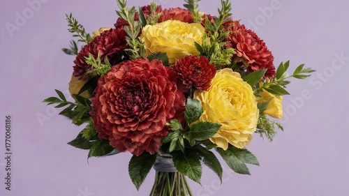 Bouquet of red and yellow flowers with green accents, wrapped and placed on a light purple background