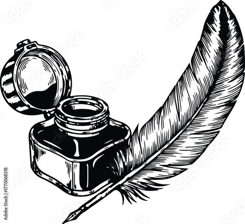 Hand drawn quill and inkwell in vintage style detailed sketch element for labels design projects