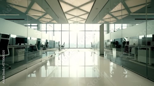 Modern office interior with glass walls and bright natural light