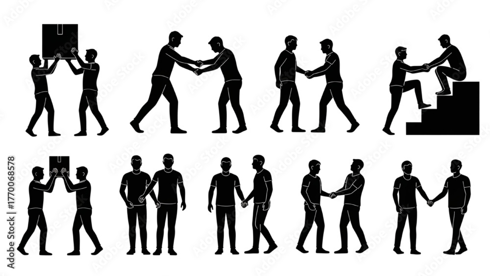 Naklejka premium Teamwork help silhouette pictogram on white background