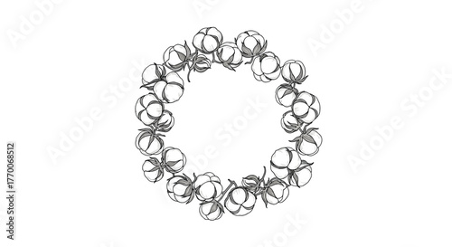 Delicate hand-drawn sketch of a cotton boll wreath, forming an elegant circular frame with a natural and organic feel.