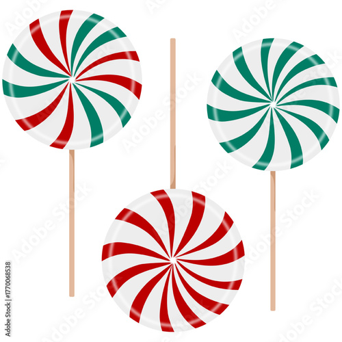 Vector peppermint candy lollipop elements in red and green for Christmas design.