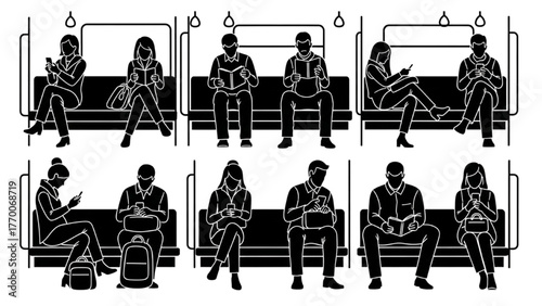 Commuters on train silhouette pictogram reading or using phones, handrails and windows outlined, minimalist urban vector illustration