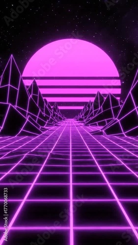 Neon sunset and grid landscape digital illustration abstract background