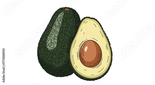 A vibrant illustration featuring a whole green avocado alongside a perfectly halved one, revealing its light green flesh and large brown pit.