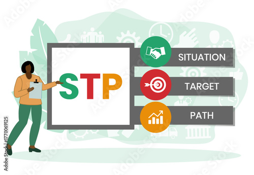 STP - situation target path. business concept background. vector illustration concept with keywords and icons. lettering illustration with icons for web banner, flyer, landing page, presentation