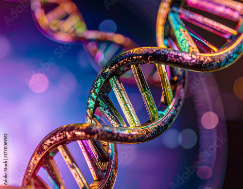 Vibrant metallic DNA double helix structure close up shot