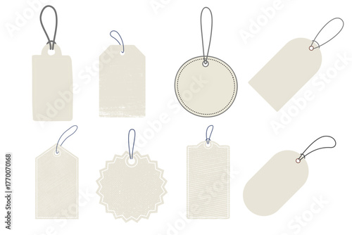 Collection of blank price tags and labels in multiple shapes like square, circle, and diamond with metal eyelets isolated on a white background for retail and marketing.