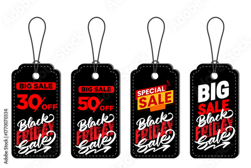 Collection of four black price tags featuring text for Big Sale and Special Sale with percentages off. Isolated on a white background.