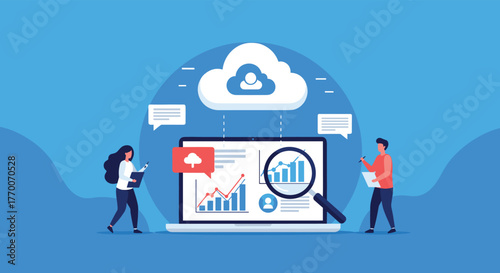 Professionals analyze business data on a laptop, connected to cloud computing for insights and strategic management.