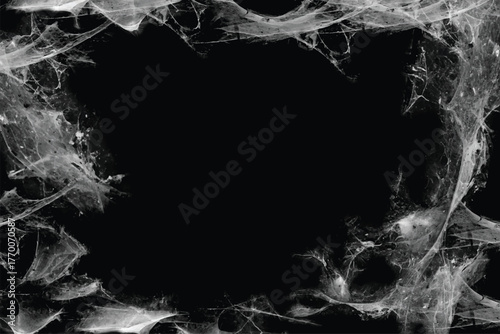 Cobweb frame. Spider web isolated on black grunge background. Halloween party. Texture of spider web. Halloween decoration. Gothic style Copy space	