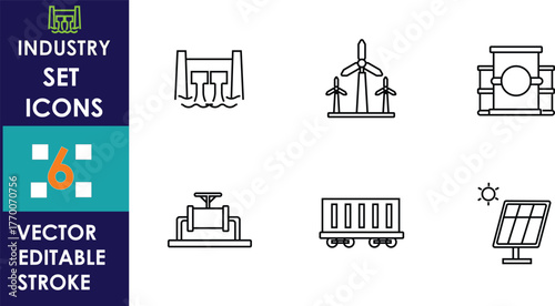 Six minimalist vector icons representing various industries including hydroelectric dam, wind turbines, pipeline, valve, mining cart, and solar panel, all with clean editable stroke lines