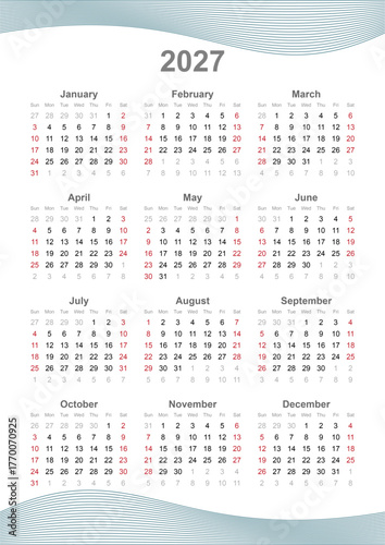 Calendar vector template for 2027 year. Week Starts on Sunday. EPS version.