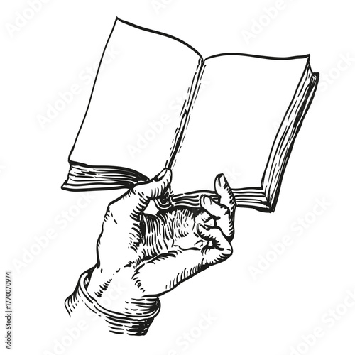 Illustration of a hand holding an open book. Detailed vintage etching design symbolizing knowledge, wisdom, and literature. Perfect for retro prints, posters, and education concepts.