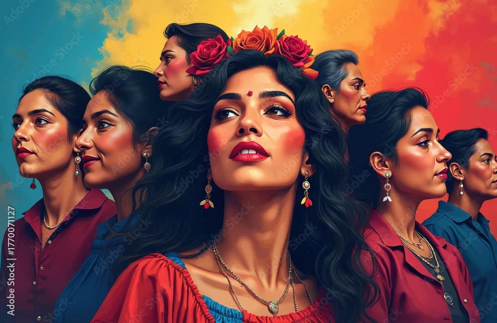 Fototapeta premium Diverse women from various generations proudly pose together. Faces reflect beauty, strength, rich cultural heritage. Vibrant colors highlight identity, unity, tradition in digital illustration of