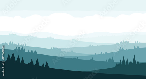 Misty mountain range with layers of evergreen trees fading into the distance under a pale sky.