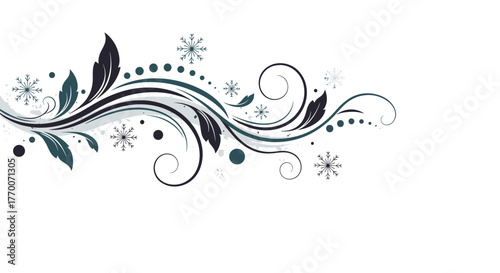 Decorative winter flourish with snowflakes and swirls in dark teal and gray.