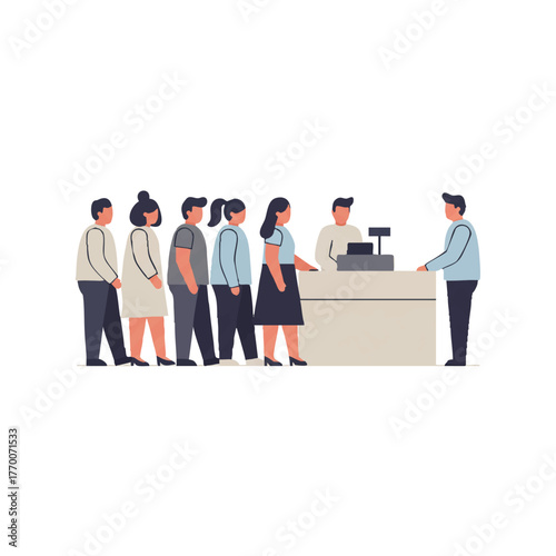 Diverse group of people patiently waiting in a long queue line at the retail checkout counter, rendered in a striking 2D flat minimalistic vector illustration style on a pure white background.