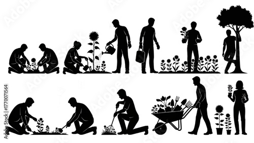 People planting and watering flowers silhouette pictogram with garden tools and plants, cooperative peaceful scene, minimal vector illustration