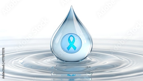 3D Illustration of Water Droplet with Glowing Diabetes Awareness Circle Inside