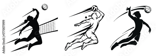 Volleyball Player Spike Jump Action Vector Silhouette Illustration Set