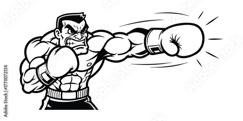 Angry muscular boxer punching comic vector illustration action