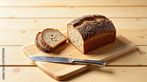 Freshly baked whole grain bread sliced on a wooden cutting board