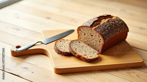 Freshly baked whole grain bread sliced on a wooden cutting board
