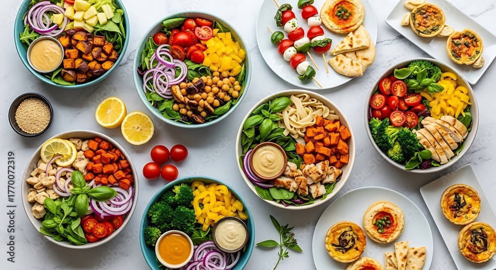 Fototapeta premium Colorful assortment of healthy food bowls and appetizers on table