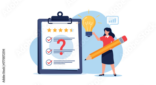 Woman with light bulb and pencil evaluates a checklist with a question mark and star rating, representing problem-solving, ideas, and feedback.