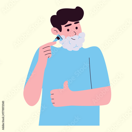 man happily shaving his beard as part of his morning routine illustration